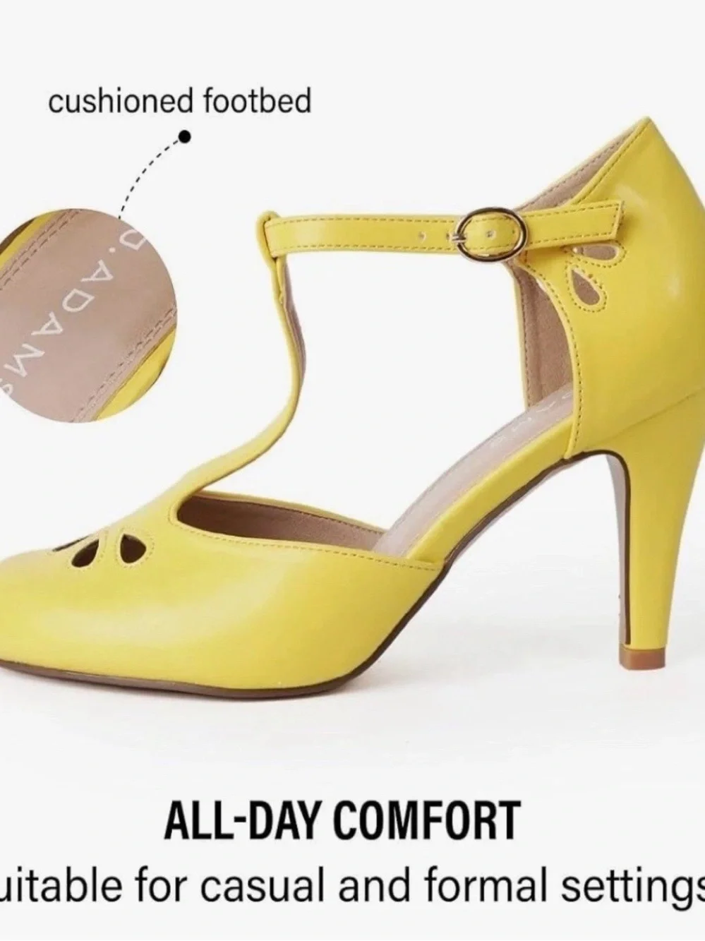 J. Adams Bright Yellow T‑Strap Floral Cutout Heels Size 8.5